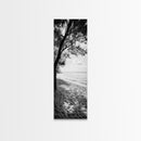 Coastal Tree Shade, Beach Sand Path, Seaside Serenity, Nature Retreat, Framed Canvas Print, Bathroom Wall Art, Neutral Tones, Calm Ocean Art