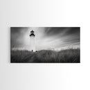 Lighthouse Grass, Seaside Tower, Stormy Sky, Black White, Framed Canvas Print, Beach Bathroom Art, Minimalist Decor, Nautical Print