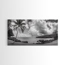 Tropical Coast, Palm Beach, Island View, Cloudy Sky, Framed Canvas Print, Coastal Living Room Art, Beach Wall Decor, Summer Style