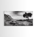 Picnic Table View, Coastal Meadow Scene, Tree and Cliff Horizon, Framed Canvas Print, Relaxing Kitchen or Outdoor Patio Wall Art