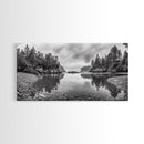 Forest Shoreline, Pebble Beach, Misty Inlet, Calm Waters, Canvas Print, natural modern art, neutral palette, living room wall decor