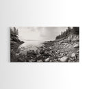 Rocky Coast, Forest Edge, Tranquil Shoreline, Earthy Landscape Scene, Canvas Print, Neutral Home Decor, Rustic Cabin Wall Art