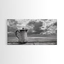 Seaside Coffee Pot, Oceanfront Still Life, Rustic Morning, Framed Canvas Print, Nautical Wall Art, Beach Kitchen Decor, Moody Nature Art
