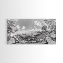 Rocky Cove, Tranquil Bay, Forest Edge, Panoramic Beach, Framed Canvas Print, Nature Art, Bathroom Wall Decor, Earthy Coastal View