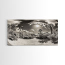 Desert Oasis, Palm Landscape, Nature Panorama, Framed Canvas Print, Tropical Wall Art, Living Room Decor, Boho Aesthetic, Sunlit Scene