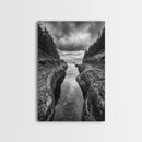 Rocky Waterway, Coastal Reflections, Dramatic Cloudscape, Ocean Nature Print, Framed Canvas Print, Bathroom Wall Art, Modern Rustic Style