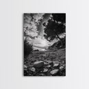 Sunset Beach View, Wide Angle Perspective, Nature Shoreline, Monochrome Landscape, Framed Canvas Print, Hallway Wall Art, Beach Decor