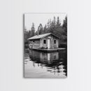 Floating Cabin, Lake House, Forest Reflection, Tranquil Waters, Framed Canvas Print, Bedroom Wall Art, Cabin Aesthetic, Rustic Nature Vibe