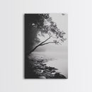 Misty Tree, Shoreline Fog, Forest Edge, Moody Atmosphere, Framed Canvas Print, Bedroom Wall Art, Autumn Woodland Style, Serene Nature Decor