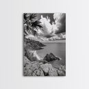 Island View Cliffs, Tropical Shoreline, Black and White Seascape, Framed Canvas Print, Bathroom Art, Travel Decor, Coastal Vibe
