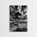 Lifeguard Tower Drama, Windy Beach Sky, Ocean Landscape, Canvas Print, Coastal Wall Art, Moody Surreal Decor, Living Room Statement Art