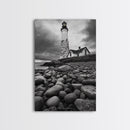 Lighthouse Shore Rocks, Coastal Beacon, Moody Clouds, Framed Canvas Print, Nautical Wall Art, Rustic Beach House Decor, Fall Storm Style