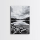 Misty Lake View, Peaceful Reflections, Nature Tranquility, Framed Canvas Print, Bedroom Wall Art, Black and White Landscape, Minimalist Art