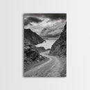 Coastal Road Curve, Rugged Cliff Path, Dramatic Seascape, Canvas Print, Office Wall Art, Monochrome Nature Art, Rustic Home Decor
