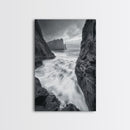 Stormy Coast, Crashing Waves, Ocean Drama, Framed Canvas Print, Living Room Wall Art, Bold Seascape Photography, Monochrome Modern Art