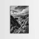 Rugged Cliffs, Ocean View, Coastal Escape, Framed Canvas Print, black and white coastal art, beach house wall decor, moody ocean print