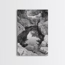 Reflective Rock Pool, Tranquil Nature, Monochrome Landscape, Black and White Framed Canvas Print, Minimalist Bathroom or Spa Wall Art