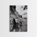 Deserted Leather Satchel, Coastal Adventure, Weathered Texture, Black and White Canvas Print, Vintage Office or Studio Wall Art