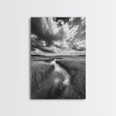 Marshland Stream, Dramatic Clouds, Nature Reflection, Canvas Print, Minimalist Landscape, Bathroom Art, Earthy Tones, Zen Mood