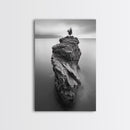 Solitary Cliff Tree, Calm Waters, Moody Horizon, Framed Canvas Print, Minimalist Nature Wall Art, Office Wall Decor, Zen Art