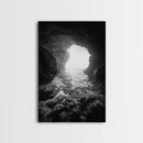 Sea Cave Entrance, Ocean Grotto, Light Escape, Rocky Tide, Canvas Print, Bathroom Wall Art, Black and White Seascape Photo