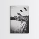 Reed Grass, Gentle Breeze, Black and White Nature, Canvas Print, Minimalist Wall Art, Tranquil Lake Scene, Bedroom Decor