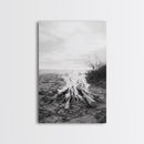 Campfire, Beach, Smoke, Glow - Cozy outdoor scene with flickering flame, Canvas Print, perfect rustic cabin or camping decor, Autumn Wall Art