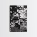 Tent, Beach, Sunset, Trees - Rustic camping coastal escape vibe, Framed Canvas Print, ideal bedroom or adventure nursery decor, outdoor art