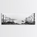 Barbed Coast, Foggy Beach, War Fence, Ocean Boundary, Framed Canvas Print, Industrial Wall Art, Living Room Decor, Black and White Art