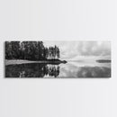 Reflected Pines, Quiet Lake, Forest Island, Calm Waters, Framed Canvas Print, Nature Photography, Minimal Wall Art, Office Decor