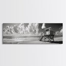 Lifeguard Tower Sky, Beach Scene Clouds, Surfside Minimalism, Framed Canvas Print, Bathroom Wall Art, Modern Coastal Decor