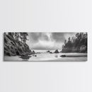 Misty Coastline, Dramatic Shore, Moody Ocean Scene, Framed Canvas Print, Coastal Living Room Art, Black and White Nature Decor