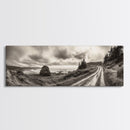 Coastal Road Journey, Overcast Ocean View, Scenic Drive Art, Framed Canvas Print, Fall Landscape Wall Art, Nature Lover, Living Room Decor
