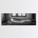 Minimalist Bedroom, Simple Living, Monochrome Bed, Peaceful Morning, Framed Canvas Print, Bedroom Wall Art, Moody Art, Farmhouse Art