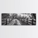 Tree Tunnel, Country Path, Fence Shadows, Framed Canvas Print, Black and White Nature Art, Rustic Wall Art, Autumn Entryway Decor