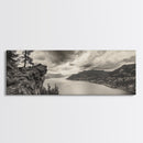 River Cliff View, Forested Mountains, Timeless Horizon, Framed Canvas Print, Living Room Wall Art, Cabin Rustic Decor, Moody Nature Art