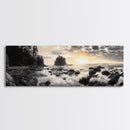 Sunset Shoreline, Moody Rocks, Forested Coast, Framed Canvas Print, nature lover gift, fall coastal art, rustic bathroom wall decor