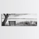 Quiet Lake Bench, Peaceful Reflection, Nature Photography, Framed Canvas Print, Serene Bedroom Decor, Minimalist Living Room Wall Art