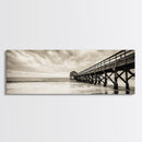 Pier at Dusk, Ocean Boardwalk, Stormy Beach Horizon, Framed Canvas Print, Moody Coastal Wall Art, Nautical Living Room Decor