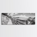 Coastal Fence Path, Island View, Ocean Trail, Framed Canvas Print, Bright Scenic Art, Living Room Decor, Seaside Landscape Vibe