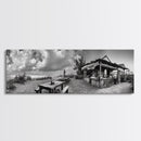 Beachside Bar Scene, Rustic Cafe, Ocean Picnic, Cloudy Sky, Framed Canvas Print, Coastal Kitchen Wall Art, Boho Bar Decor
