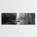 Misty River, Tranquil Forest, Autumn Nature, Monochrome Photography, Framed Canvas Print, Bedroom Wall Art, Rustic Decor, Minimalist Style