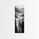 Foggy Mountains, Pine Forest, Valley Mist, Calm Landscape, Canvas Print, entryway wall art, cozy cabin vibes, grayscale art style