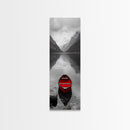 Red Canoe, Mountain Lake, Minimalist Reflection, Snowy Peaks, Framed Canvas Print, Nordic Cabin Wall Art, Serene Bedroom Decor