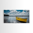Yellow Rowboat, Calm Waters, Blue Sky, Sunny Lake – Framed Canvas Print, Summer Wall Art, Coastal Decor, Modern Nautical Style