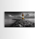 Yellow Lighthouse, Stone Jetty, Coastal Clouds, Nautical Scene, Framed Canvas Print, Coastal Wall Art, Office Decor, Lighthouse Photography