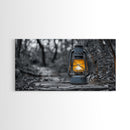 Lantern In Woods, Vintage Glow Light, Rustic Forest Scene, Canvas Print, Cabin Wall Art, Autumn Evening Mood, Minimalist Nature Decor