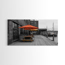 Urban Pier, Red Yellow Umbrellas, Waterfront Dining, Framed Canvas Print, Industrial Decor, Cafe Kitchen Wall Art, Cityscape Photography
