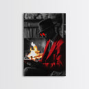Red Jacket, Reading Firelight, Cozy Vibes, Stylish Man, Framed Canvas Print, Fall Wall Art, Office Decor, Modern Masculine Art
