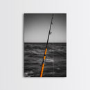 Fishing Pole, Ocean Rod, Angler Focus, Sea Horizon, Framed Canvas Print, Man Cave Wall Art, Sport Fishing Decor, Coastal Style Art